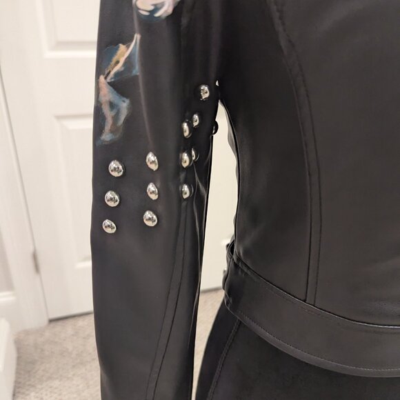 Studded Tulip Print Vegan Black Leather BEBE Jacket XXS - Picture 6 of 12